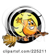 Blinky Cartoon Character Flying On A Broomstick Over A Full Moon With Bats