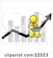 Yellow Man Using A Laptop Computer Riding The Increasing Arrow Line On A Business Chart Graph