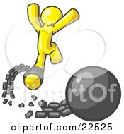 Yellow Man Jumping For Joy While Breaking Away From A Ball And Chain Symbolizing Freedom From Debt Or Divorce