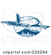 Royalty Free RF Clipart Illustration Of A Blue Airplane Over Mountains Logo by patrimonio