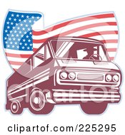 Royalty Free RF Clipart Illustration Of A Man Driving A Van And Wavy American Flag Logo