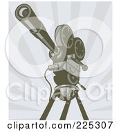 Royalty Free RF Clipart Illustration Of A Retro Movie Video Camera On A Tripod Over Rays