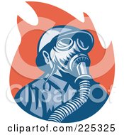 Retro Fireman Wearing A Gas Mask Over Red Flames