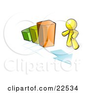 Clipart Illustration Of A Yellow Man Standing By An Increasing Green Yellow And Orange Bar Graph On A Grid Background With An Arrow