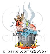 Happy Prawn Drinking A Lemonade While Boiling Over A Fire In A Pot