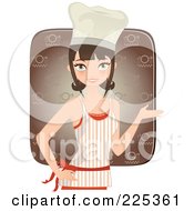 Poster, Art Print Of Pretty Brunette Chef Woman Presenting And Wearing An Apron Over A Brown Square