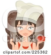 Pretty Brunette Chef Woman Holding A Casserole Dish And Spoon Over A Brown Square