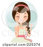 Royalty Free RF Clipart Illustration Of A Happy Brunette Woman In A White Dress Touching Her Cheek And Laughing Over A Blue Circle by Melisende Vector