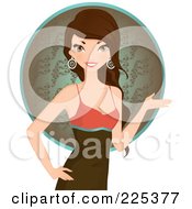 Royalty Free RF Clipart Illustration Of A Beautiful Brunette Woman Wearing A Tank Top And Presenting Over A Circle