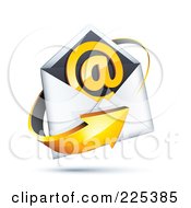 Poster, Art Print Of 3d Orange Arrow Around An Envelope And At Symbol On A Shaded White Background