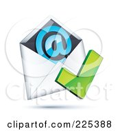3d Green Check Mark Over An Envelope With A Blue At Symbol On A Shaded White Background