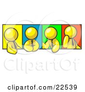 Four Yellow Men In Different Poses Against Colorful Backgrounds Perhaps During A Meeting