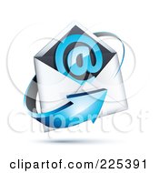 Poster, Art Print Of 3d Blue Arrow Around An Envelope And At Symbol On A Shaded White Background