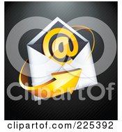 Poster, Art Print Of 3d Orange Arrow Around An Envelope And At Symbol On A Black Lined Background