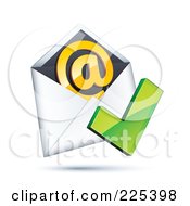 3d Red Check Mark Over An Envelope With An Orange At Symbol On A Shaded White Background