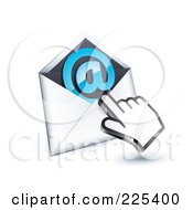 3d Hand Cursor Clicking On An Envelope With A Blue Arobase Symbol Inside