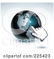 3d Hand Computer Curosr Pointing At A Gray And Dark Blue American Globe