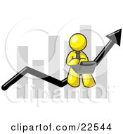 Yellow Man Conducting Business On A Laptop Computer On An Arrow Moving Upwards In Front Of A Bar Graph Symbolizing Success