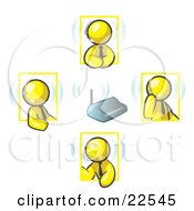 Yellow Men Holding A Phone Meeting And Wearing Wireless Headsets