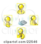 Group Of Four Yellow Men Holding A Phone Meeting And Wearing Wireless Bluetooth Headsets