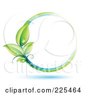 Royalty Free RF Clipart Illustration Of A 3d White Circle With White Blue And Green Lines And Dewy Leaves