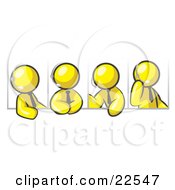 Four Different Yellow Men Wearing Headsets And Having A Discussion During A Phone Meeting