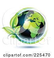 Poster, Art Print Of 3d Shiny Green And Dark Blue African Globe Circled With Blue And Green Lines And Dewy Leaves