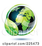 Poster, Art Print Of 3d Shiny Green And Dark Blue African Globe Circled With Blue And Green Lines And A Dewy Leaf