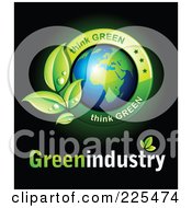 Royalty Free RF Clipart Illustration Of A 3d Shiny African Globe With Dewy Leaves And Think Green And Green Industry Text On A Black Background