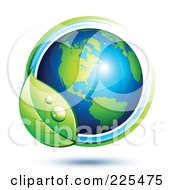 Poster, Art Print Of 3d Shiny Green And Blue American Globe Circled With Blue And Green Lines And A Dewy Leaf
