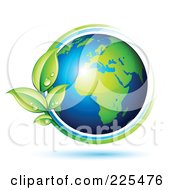 Poster, Art Print Of 3d Shiny Gren And Blue African Globe Circled With Blue And Green Lines And Dewy Leaves