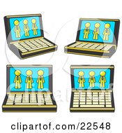 Four Laptop Computers With Three Yellow Men On Each Screen