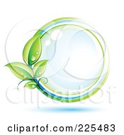 Poster, Art Print Of 3d Blue Shiny Sphere With White Blue And Green Lines And Dewy Leaves