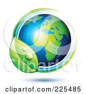 3d Shiny Green And Blue African Globe Circled With Blue And Green Lines And A Dewy Leaf