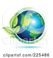 Royalty Free RF Clipart Illustration Of A 3d Shiny Green And Blue American Globe Circled With Blue And Green Lines And Dewy Leaves by beboy #COLLC225486-0058