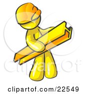 Clipart Illustration Of A Yellow Man Construction Worker Wearing A Hardhat And Carrying A Beam At A Work Site