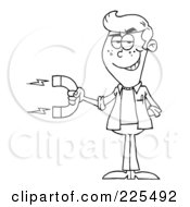 Royalty Free RF Clipart Illustration Of A Coloring Page Outline Of A Young Man Holding A Strong Magnet