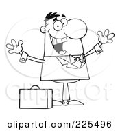 Royalty Free RF Clipart Illustration Of A Coloring Page Outline Of A Happy Businessman Holding His Arms Up By A Briefcase