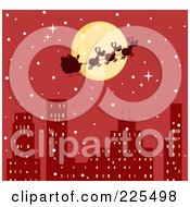 Poster, Art Print Of Silhouette Of Santa And Magic Reindeer In Front Of A Full Moon Over A Red City