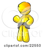 Friendly Yellow Construction Worker Or Handyman Wearing A Hardhat And Tool Belt And Waving