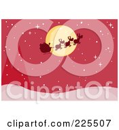 Poster, Art Print Of Silhouette Of Santa And Flying Reindeer In Front Of A Full Moon Over A Red Snowy Landscape