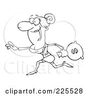 Royalty Free RF Clipart Illustration Of A Coloring Page Outline Of A Happy Woman Running With A Money Bag
