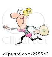 Royalty Free RF Clipart Illustration Of A Happy Blond Woman Running With A Money Bag