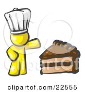 Yellow Chef Man Wearing A White Hat And Presenting A Tasty Slice Of Chocolate Frosted Cake