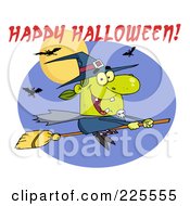 Poster, Art Print Of Green Witch Flying On Her Broomstick With Bats A Full Moon Purple Oval And Happy Halloween Text