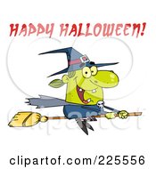 Poster, Art Print Of Green Witch Flying On Her Broomstick With Red Happy Halloween Text