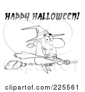 Poster, Art Print Of Coloring Page Outline Of A Witch Flying On Her Broomstick With Happy Halloween Text