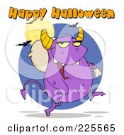 Poster, Art Print Of Happy Halloween Text Over A Purple Monster Carrying A Bag Over His Shoulder