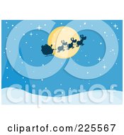 Poster, Art Print Of Silhouette Of Santa And Flying Reindeer In Front Of A Full Moon Over A Blue Snowy Landscape