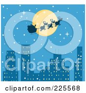 Poster, Art Print Of Silhouette Of Santa And Magic Reindeer In Front Of A Full Moon Over A Blue City